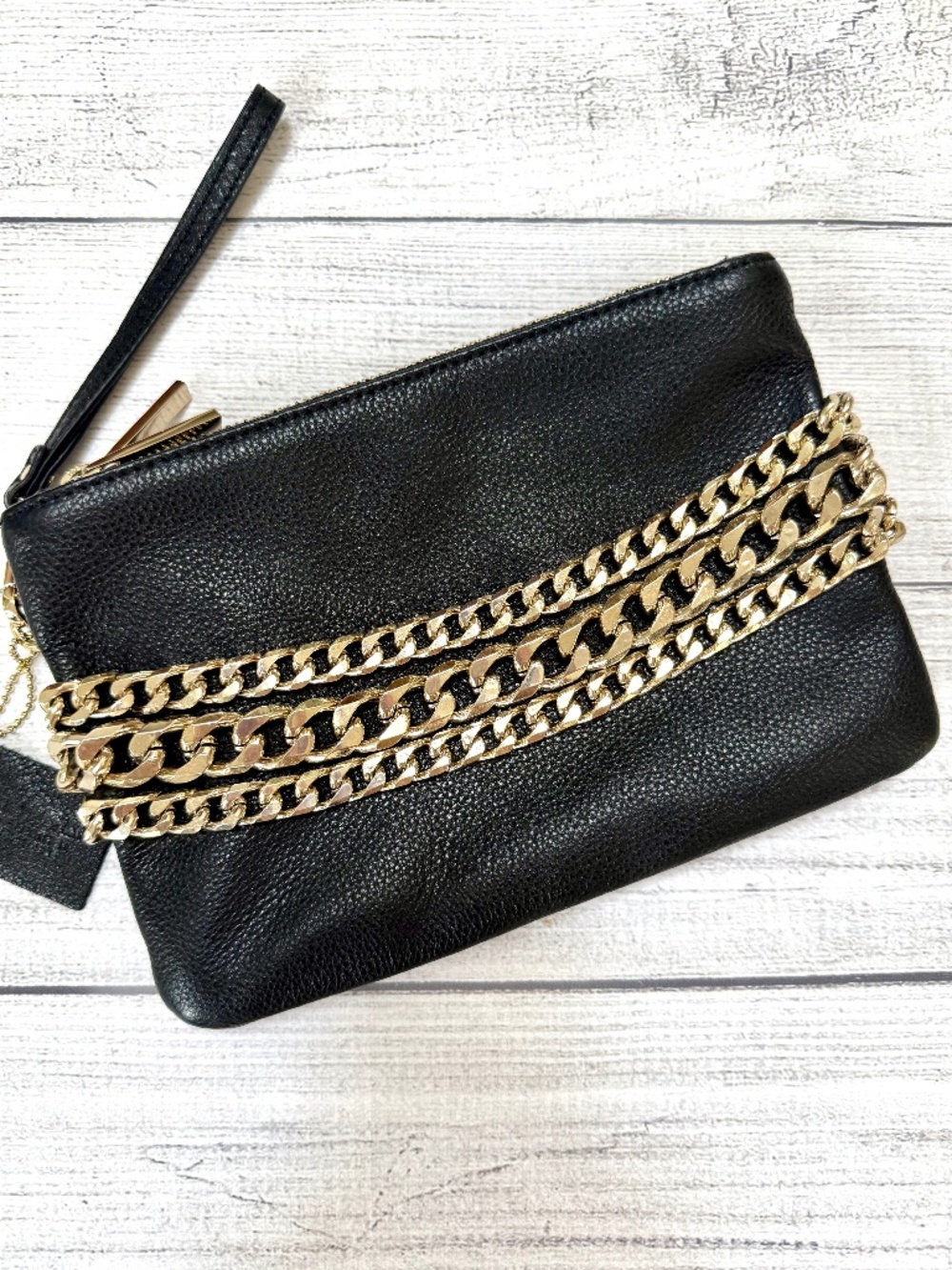Danier Black Leather Wristlet Clutch Wallet with Gold Chain detail - like new